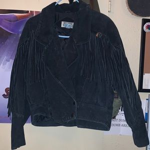 Black Suede Sky Blue Waters Fringe Jacket